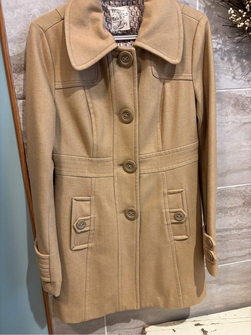 Tulle Wool Blend Tan Women's Coat - Classic Button Front size M